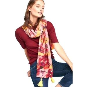 Anthropologie Sunshine Plaid Floral Scarf Tasseled Bohemian Embellished